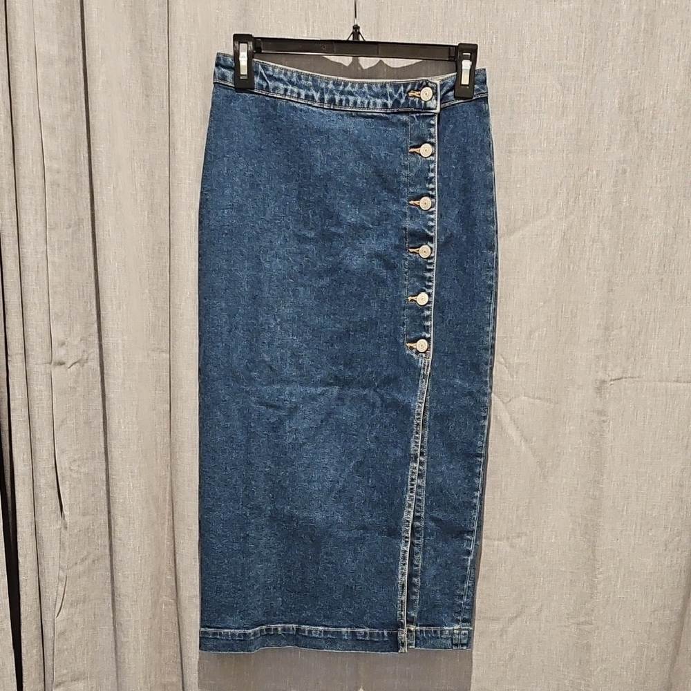 Free People Blue Denim Silver Button Stretch Midi Pencil Slit Skirt